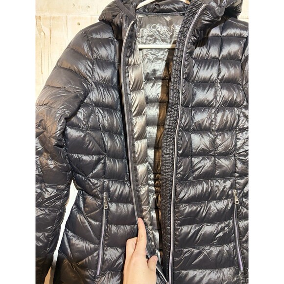 Calvin Klein Packable Lightweight Premium Goose Down Puffer Coat Med Hood Black - Picture 3 of 11